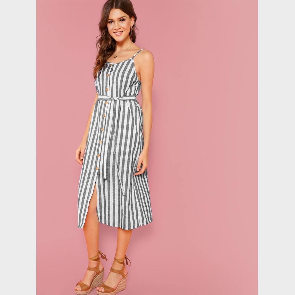 Button Front Vertical Stripe Cami Dress Belted - Picture 3 of 8